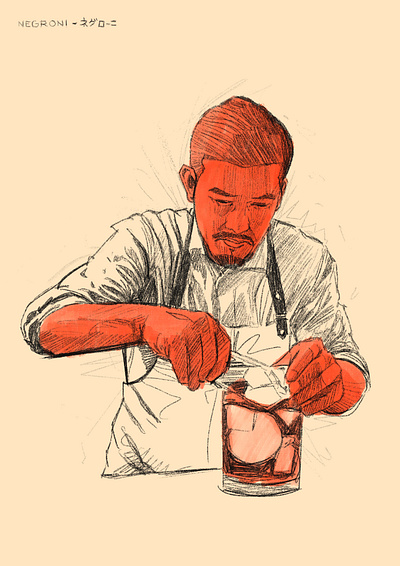 Negroni Master bar character illustration illustrator kitchen making cocktail negroni people portrait portrait illustration procreate
