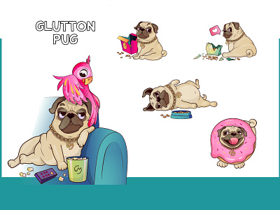 Character illustrations for pet shop Crazy Pugs brand illustration branding character character design character illustration dog dog food donat graphic design illustration perrot pet shop pets pugs