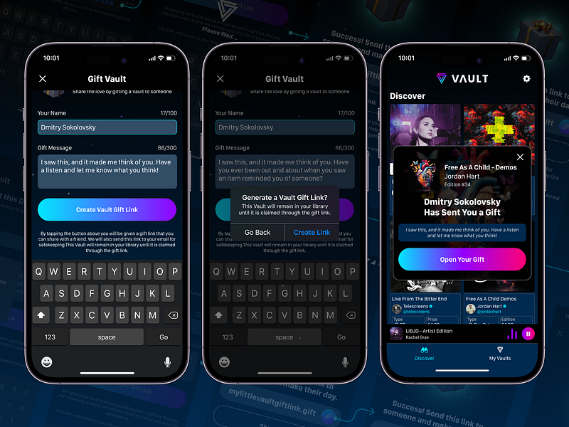 Vault Music - Gifting with Message albums alert android app app design fields gift gift message gifting ios message music music app name product design single ui ui design ux ux design