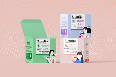 Packaging Design -Stemffe feminine hygiene brand | Devolv Studio biofriendly brandidentity branding brandingconsultancy design designagency devolvstudio femalehealth femalehygiene fmcgpackaging graphic design illustration logo mockup packaging packagingdesign premiumpackaging sanitarypadpackagingdesign sustainable ui