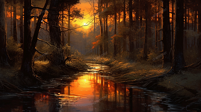 Glowing Sunset In The Forrest art design graphic design illustration stock
