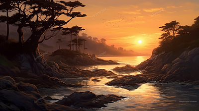 Tranquil Morning Sun: Embracing Serenity and Radiance art artwork design graphic design illustration landscape stock