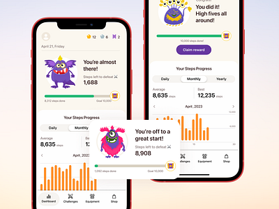 Mobile App Design for Health App, Game App Concept app challenge chest count dashboard fitness game graph graphic illustration ios light mobile monster reward score shop steps ui white