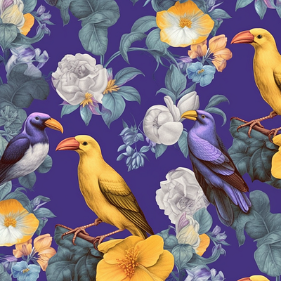 Botanical Pattern, Vintage Style With Yellow Toucans art artwork design graphic design illustration pattern print seamless