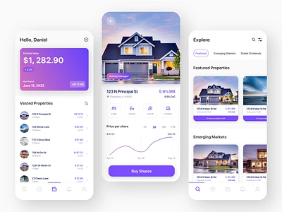 Fractional Real Estate Investing Marketplace Mobile App app design finance homes housing investing mobile app money mortgage phone app property real estate reit ui ux wallet