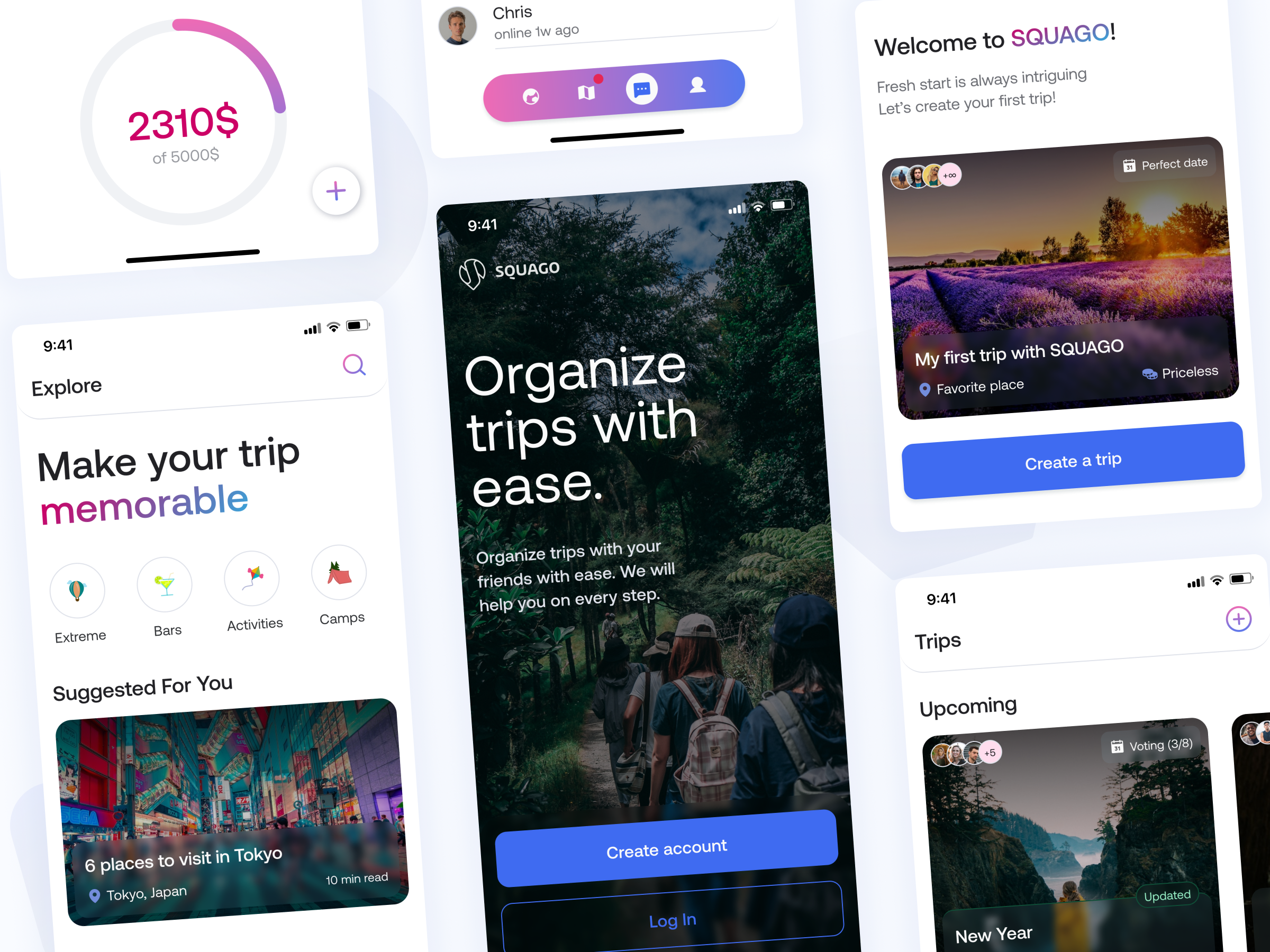 SQUAGO - Travel application app design figma friends graphic design minimal mobile product tracker travel trip ui uiux ux
