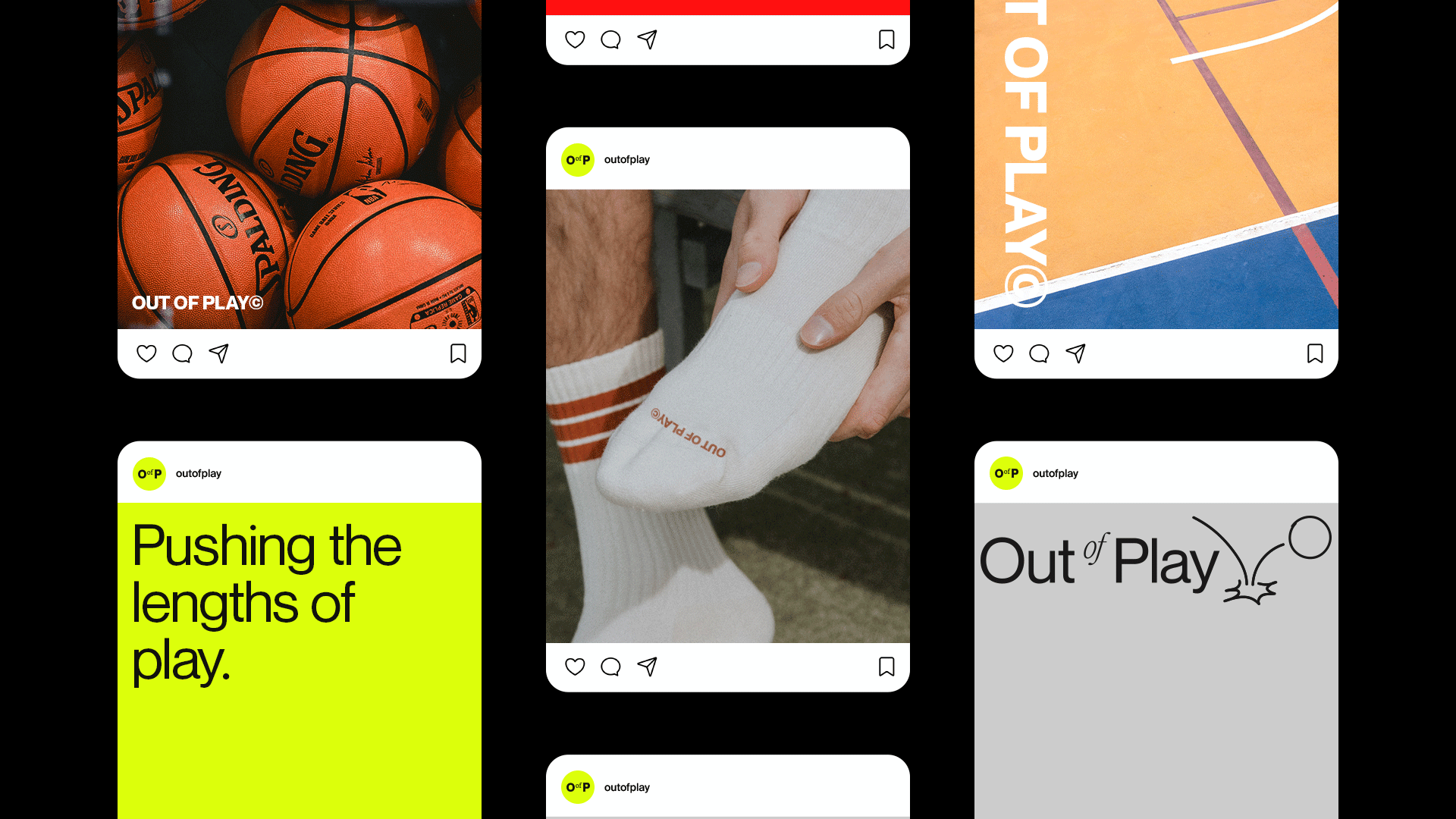 Out of Play basketball brand identity branding concept design editorial grid layout instagram instagram story layout minimal mobile layout modern presentation sports tennis typography ui