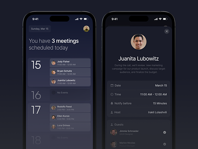 Calendar app calendar call calls clean clean ui date design guests host irakli lolashvili meeting meetings minimalistic mobile schedule time ui