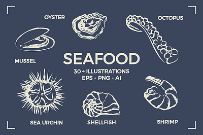 SEAFOOD SET (30+ illustrations) branding dorado food logo food packaging line art logo mussel octopus oyster sea food sea life sea urchin seafood shellfish shrimp tuna vector