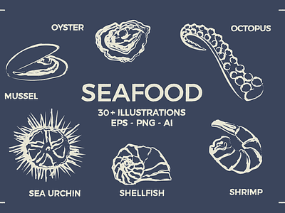 SEAFOOD SET (30+ illustrations) branding dorado food logo food packaging line art logo mussel octopus oyster sea food sea life sea urchin seafood shellfish shrimp tuna vector