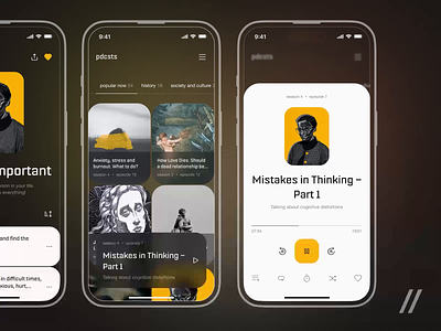 Podcasts iOS Android App android animation dark mode graphic design ios mobile monochrome motion graphics music player podcast ui ux