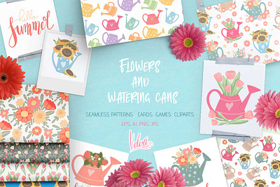 Flowers and watering cans bundle cartoon child fabric flat design floral flower garden graphic design illustration pattern postcards presentation set summer textile worksheet