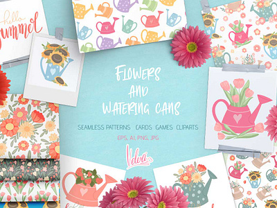 Flowers and watering cans bundle cartoon child fabric flat design floral flower garden graphic design illustration pattern postcards presentation set summer textile worksheet