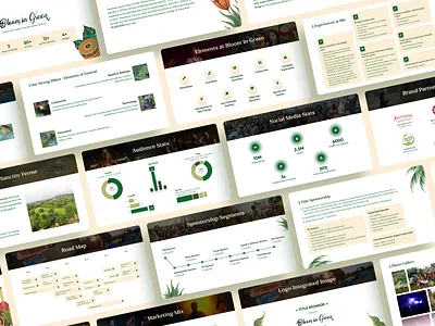 Bloom In Green Festival - Deck Design adobe illustrator aesthetic art branding deck design earthy festival figma graphic design green illustration infographics minimal modern music pitch presentation statistics sustainable
