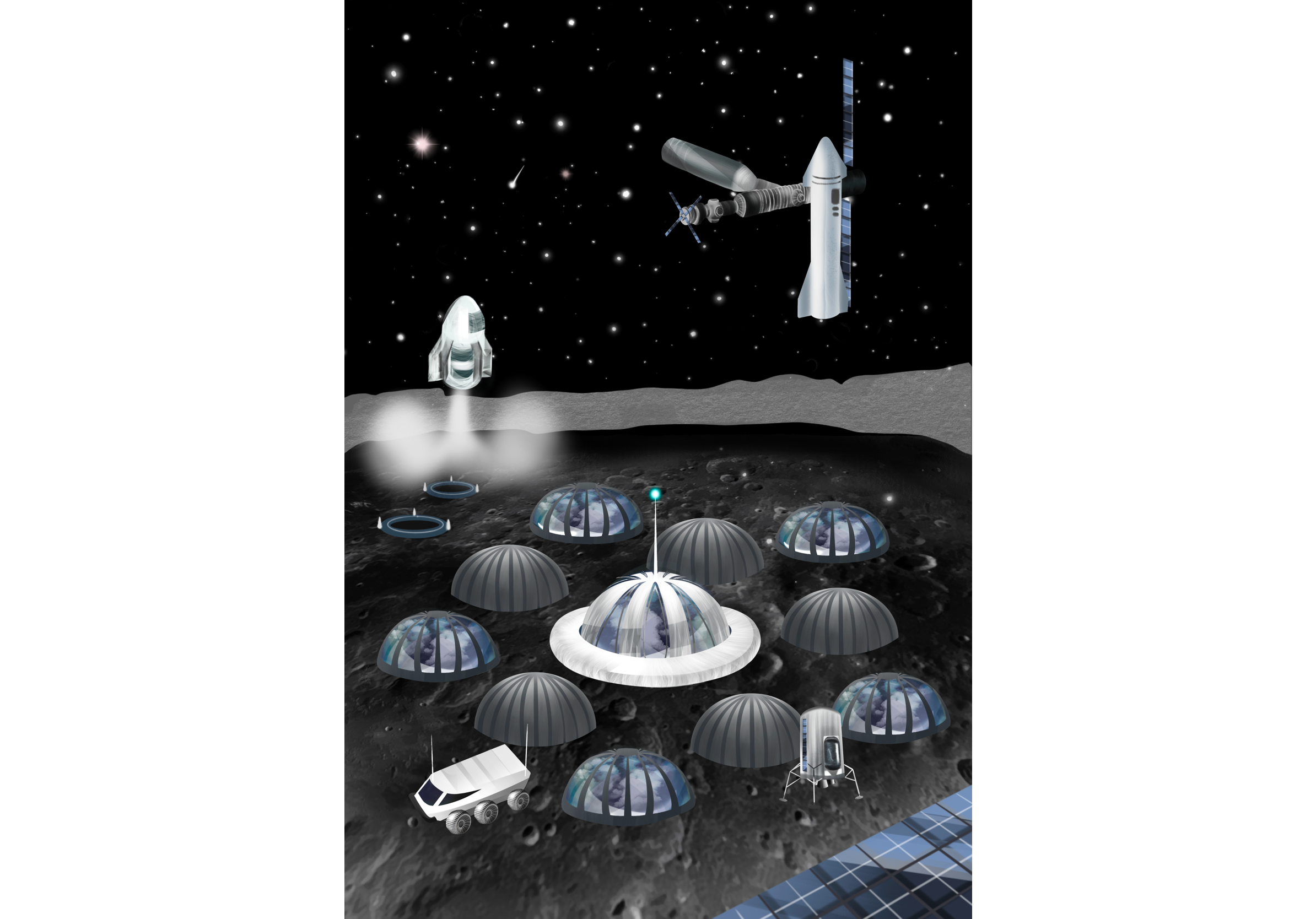 Moon base concept art part I concept art graphic design illustration mission moon moon base moonbase rover shuttle solar panels space space ship spacecraft universe
