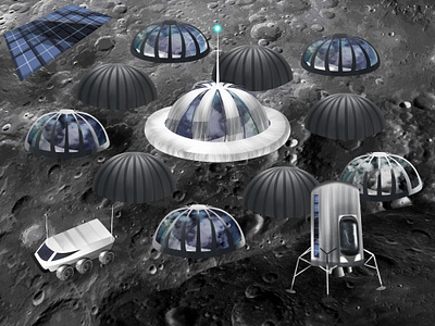 Moon base concept art part II concept art cosmos craters digital art illustration moon moon base moon surface moonbase shuttle solar panels space spacecraft sphere universe