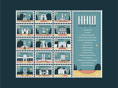 Nis monuments architecture branding buildings city cityline design graphic design icon set illustration landmarks landscape location map monuments nis place postage serbia stamps travel