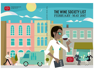 Wine Society List Cover Illustration 2017 al fresco building cafe civilised delivery illustration pink street vector wine winetasting