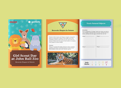 Girl Scout Zoo Activity Booklet activity badges booklet design flat girl scout hippo illustration layout lion print toucan vector zoo