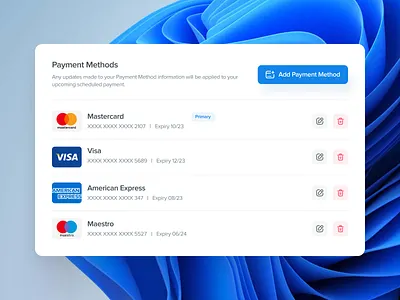 Payment Method bank billing billing method card card design checkout credit card dashboard finance gateway mastercard method pay payment payment method payment page pricing plans subscription ui ux
