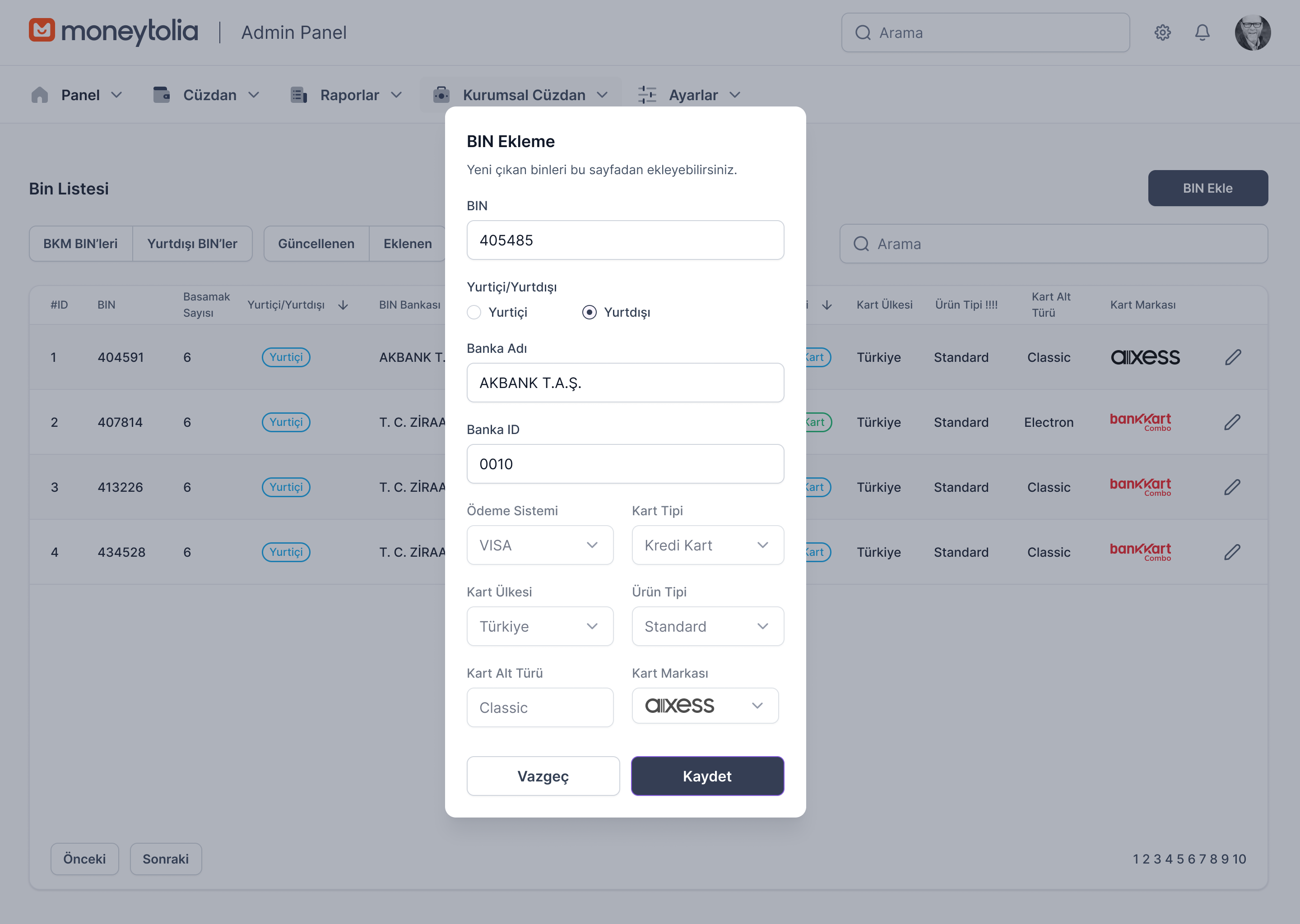 Example of POS Admin Panel BIN Addition Form
