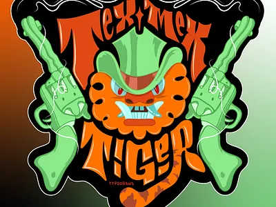 Tex Mex Tiger animals character design cowboy cowboy hat design gun illustration lettering outlaw six shooter tiger typography vector