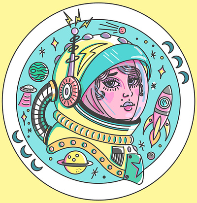 To the Moon and Back astronaut design digital illustration pastel pink pinup space spaceship