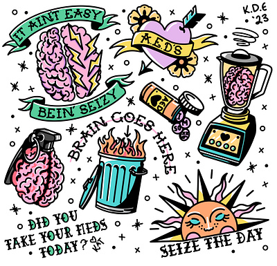 It ain’t easy bein’ seizy (epilepsy themed tattoo flash sheet). american traditional brain digital epilepsy flash medication pastel tattoo tattoo flash