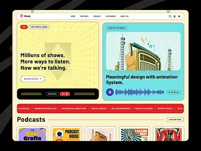 Podcast Website: Sharp Landing Page animation audio audiobook comedy interview landing page music music player podcast podcast platform podcast website podcasting radio speak speech streaming talk show talking web design website