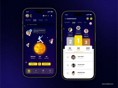 Walking App app astronaut dark darkmode fitness galaxy game gamification health leaderboard mobile planets rank run space steps team universe walk walkathon