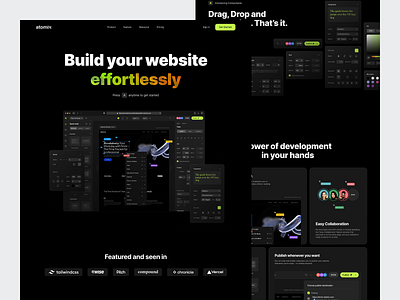 Atomix - Landing Page atomix black components daily dashboard design green lime illustration landing page logo ui ui design ui landing page uiux ux vector