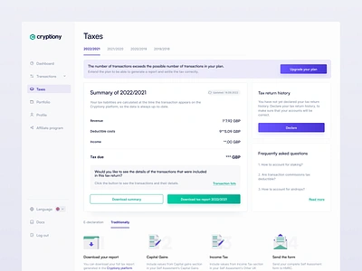 Cryptiony: Taxes app crypto cryptocurrency design e declaration faq portfolio product summary tax taxes transactions ui ux web