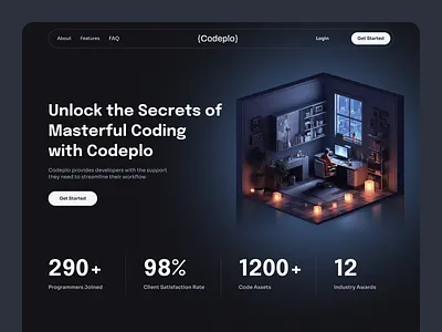 {Codeplo} - developers solution platform concept ai coding design developers fancy hero isometric landing page lp minimal modern room section top trend ui vector