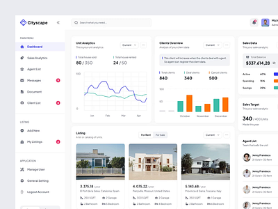 Cityspace - Dashboard agent analytics app chart clean dashboard design dipa inhouse goals listing marketplace properties real estate sales target ui units web design website