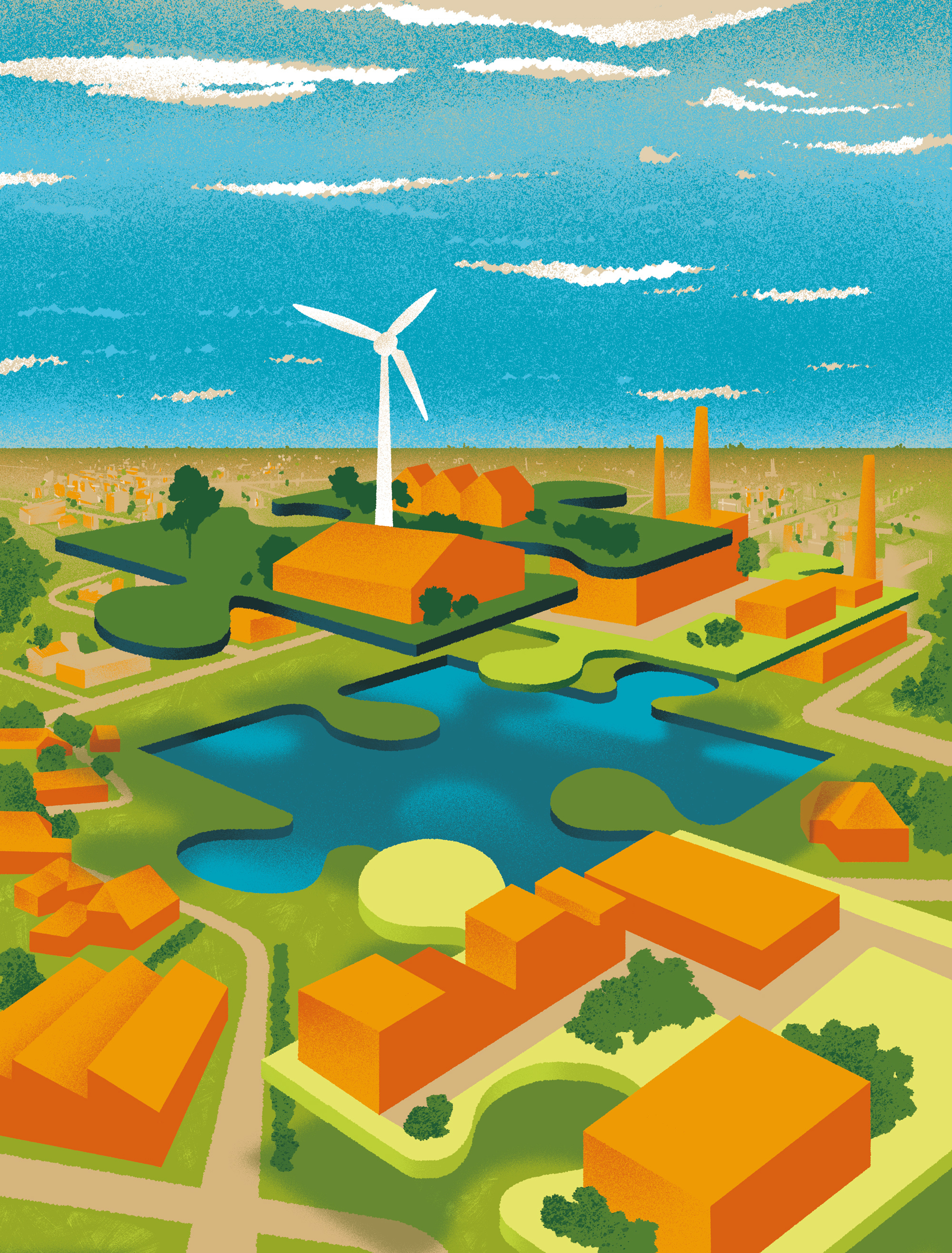 Ever-changing landscape build buildings clouds dutch editorial factory graphic green horizon houses illustration landscape nature netherlands pieces puzzle sky texture tree windmill