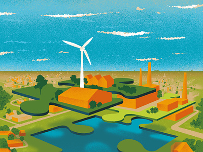 Ever-changing landscape build buildings clouds dutch editorial factory graphic green horizon houses illustration landscape nature netherlands pieces puzzle sky texture tree windmill