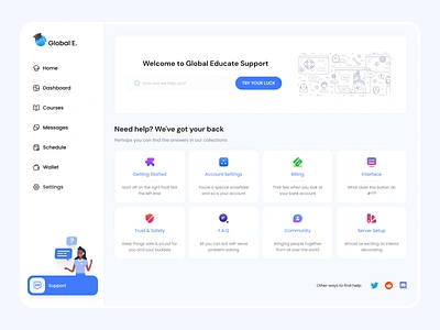 Global education: Support page design educate help learning minimal product design support page ui