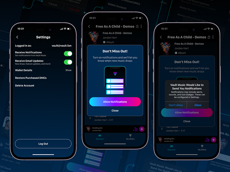 Vault Music - Settings & Notifications app app design artist clean design ios ios app music music app notification notifications product design prompt push notifications settings simple ui ui design user interface ux