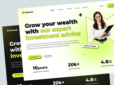 Hero section design for Fintech website 🌟 app application banking banner design black brutalism design finance fintech green hero section investment latest trend technology trending ui uiux ux web white