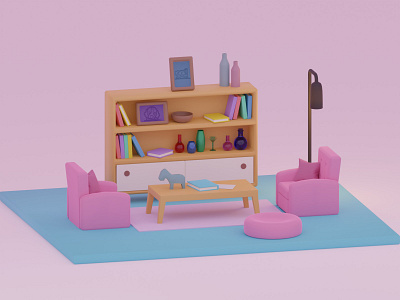 Guest room 3d 3d illustration blender blender 3d chair high poly illustration pink shelf table