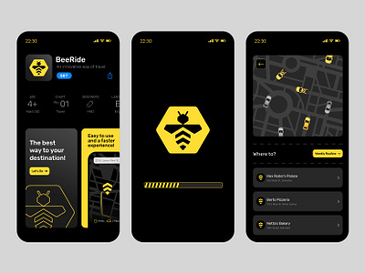BeeRide - App intro screens app appdesign appscreens bee bees car cars lyft map maps screen screens taxi travel uber ui uiux ux web webdesign