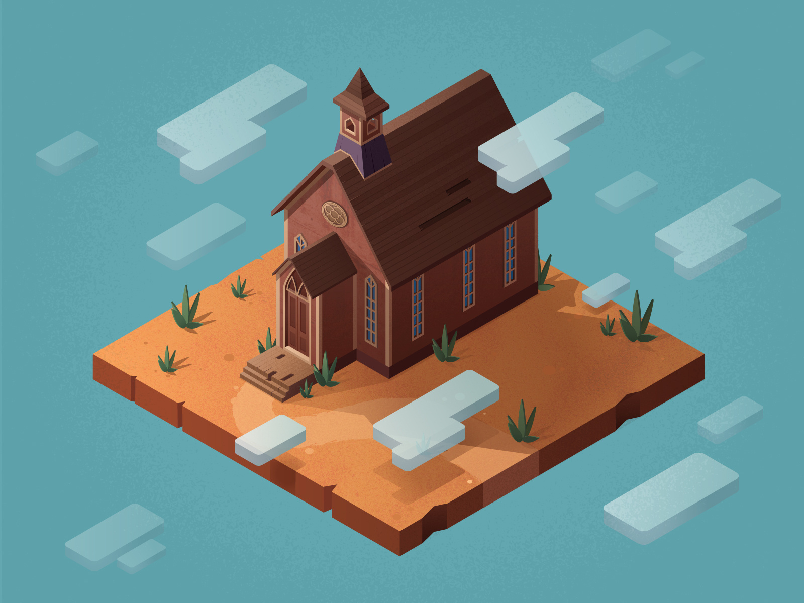 Wild west architecture church desert illustration isometric isometry nature wild west