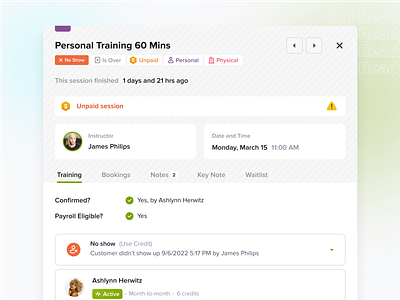 Fitness booking details appointment booking class excited agency figma payment status product design responsive web saas side bar side panel ui web app