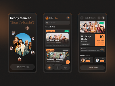 Event Application activities appdesign birthday celebration darkmode eventappdesign eventappinspriration eventappvisuals eventmanagement eventplanner eventui modern party roundshape search style treading ui ux wedding