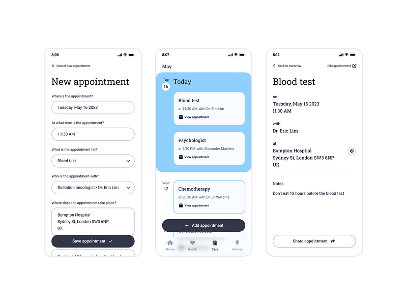 My Cancer Companion — Appointments app app design appointments calendar cancer design health healthcare medical ui user experience ux