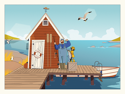 Dad and daughter gone fishing archipelago boat character design dad daughter fall father fish fishing fishing shack girl illustration jetty ocean sea seagull spring