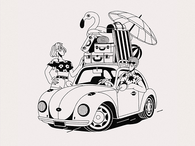 Trip behind the wheel black and white black ink boy car graphic diary illustration journey sketch suitcases thin line things trip umbrella voltswagen young woman