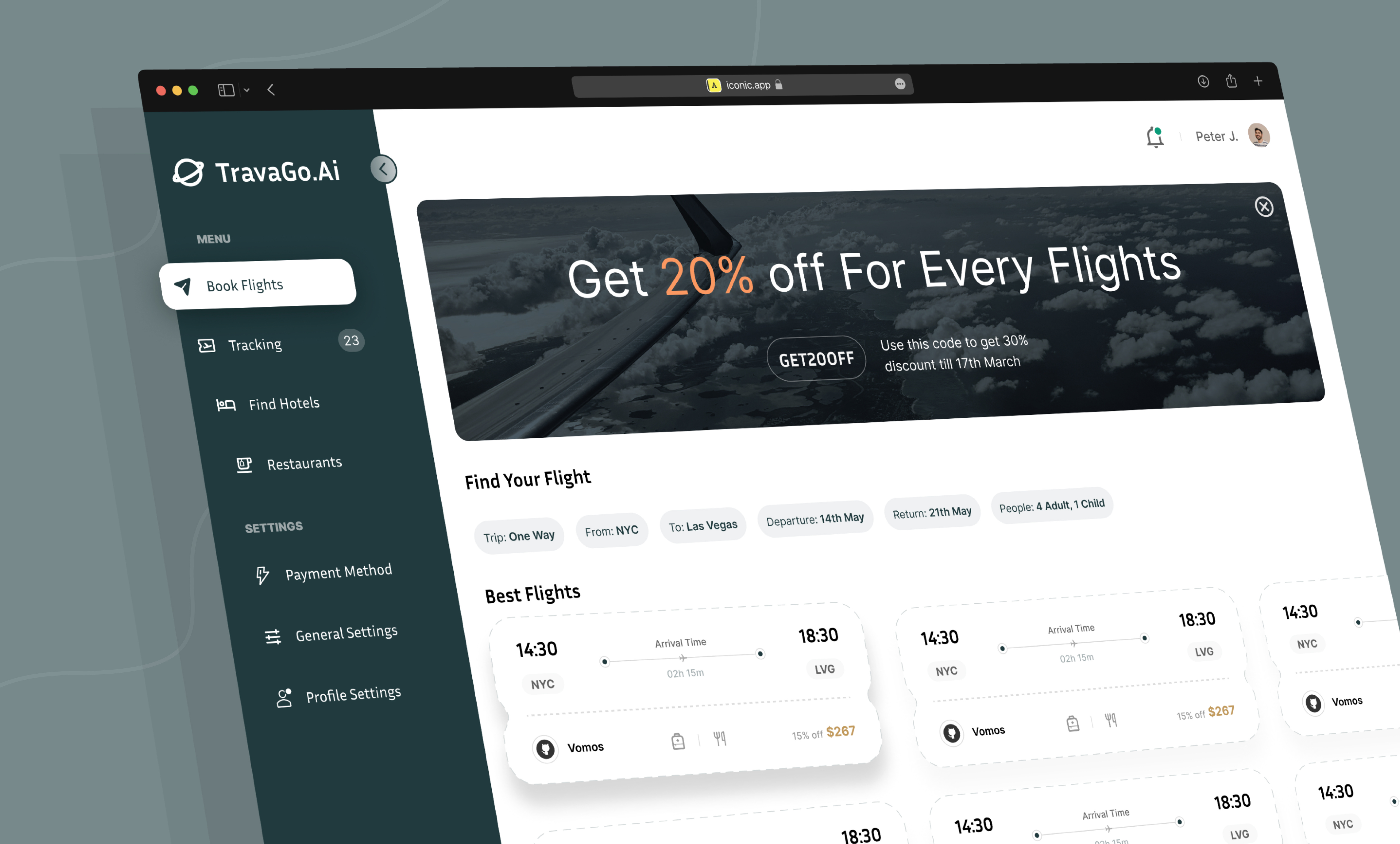 Flight booking SaaS website b2c booking cards clean design component discount flight hotel management navigation product design saas settings travel booking ui uiux web based web design