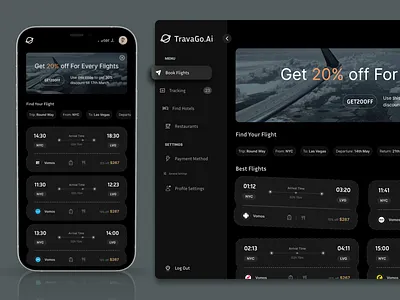 Responsive dark UI design for flight booking saas website b2b b2c booking cards clean design component dark mode dark ui discount flight hotel mobile design navigation responsive design saas ui design uiux ux design web design