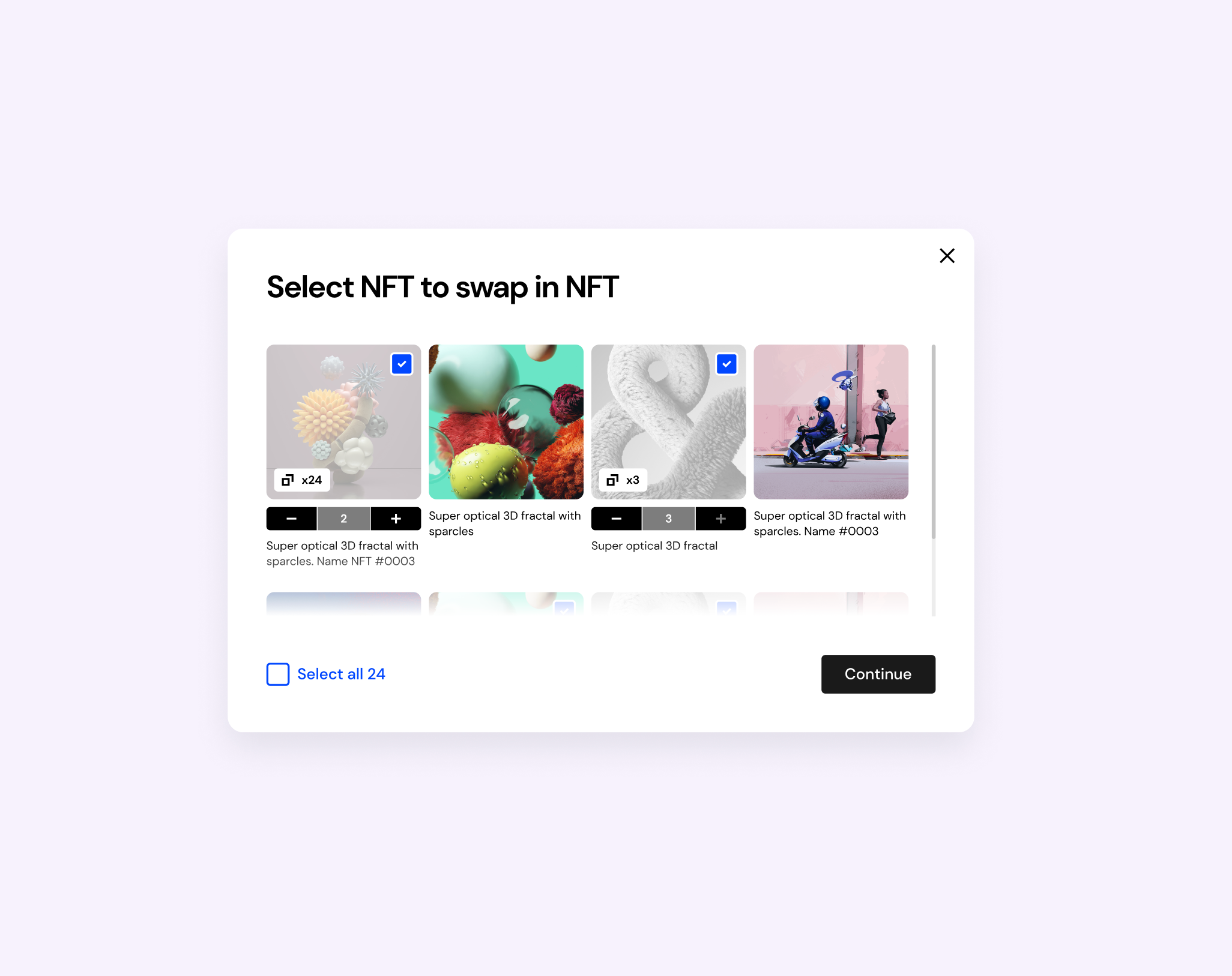 Select NFT to swap in NFT active state dashboard design desktop app dropdown hover state information table list nft product select shadow table toggle ui user interface ux web